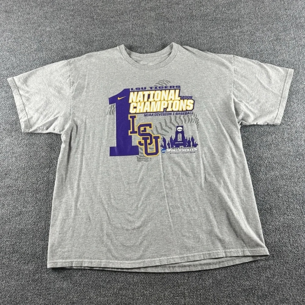 LSU Tigers Shirt Mens XL Gray NCAA Baseball Nike 2009 Champions World Series Tee